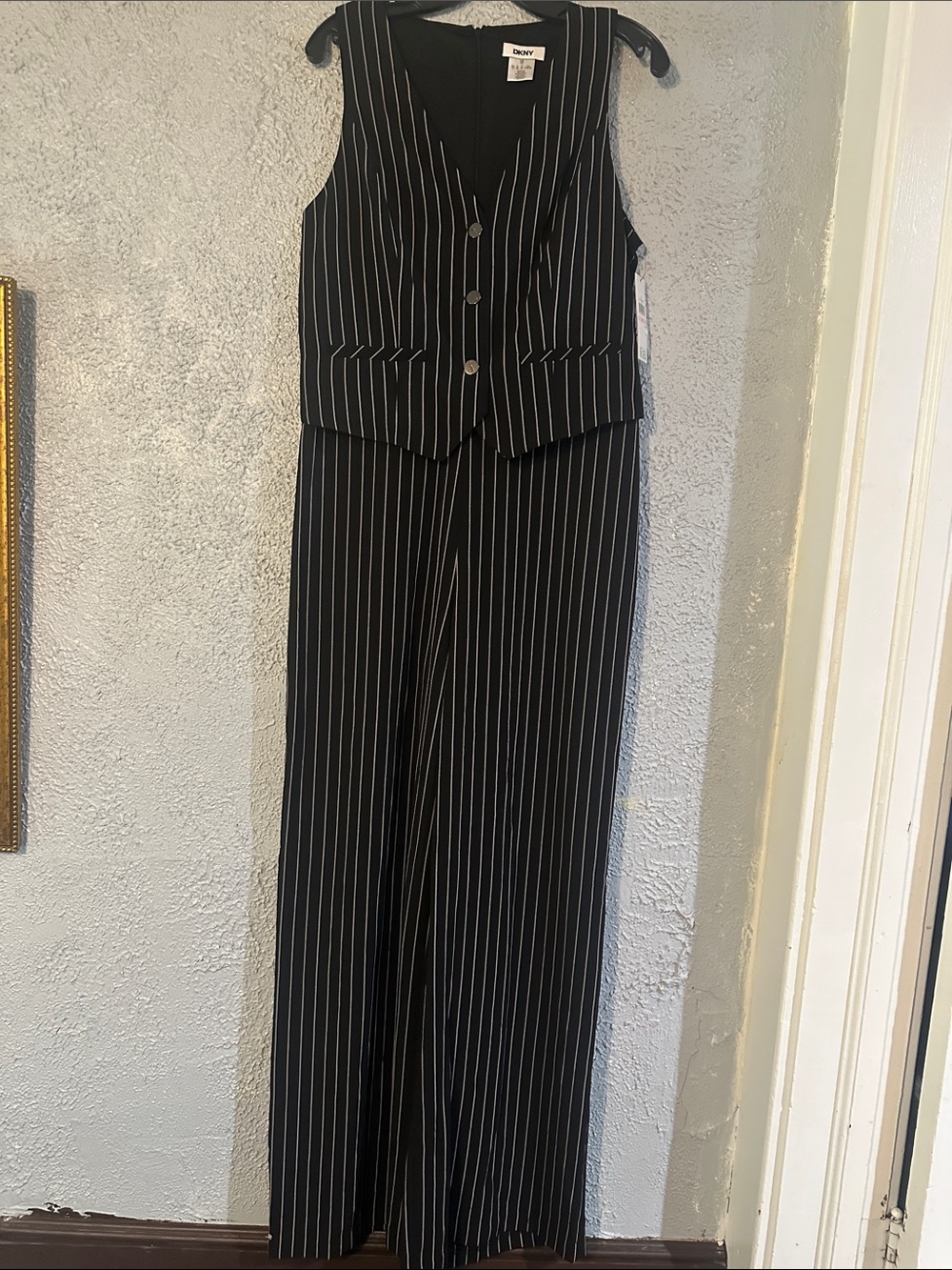 DKNY Black Pinstripe Vest and Wide-Leg Pantsuit